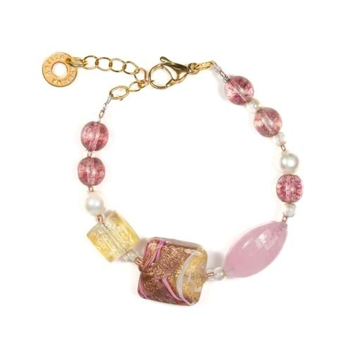 Bracciale Antica Murrina in acciaio dorato con pietra quadrata rosa e trasparente e pietre rosa centrale