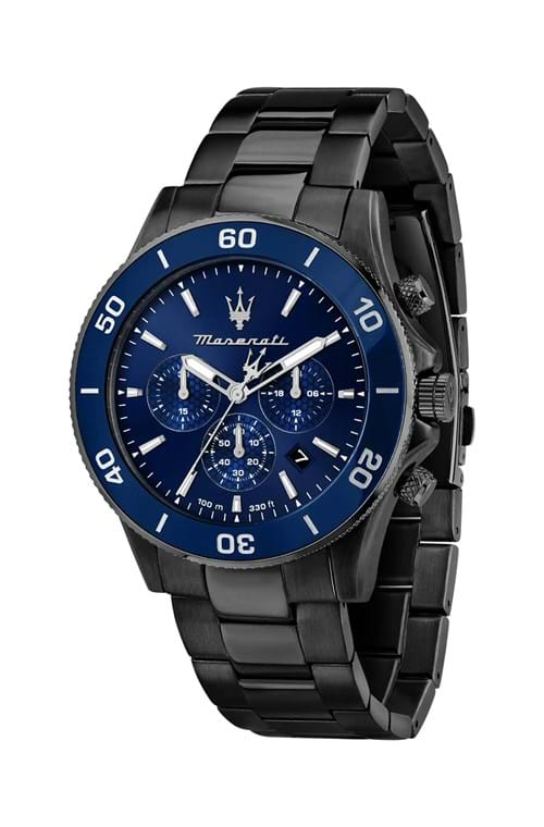 Orologio Maserati da uomo in acciaio nero con quadrante e ghiera blu